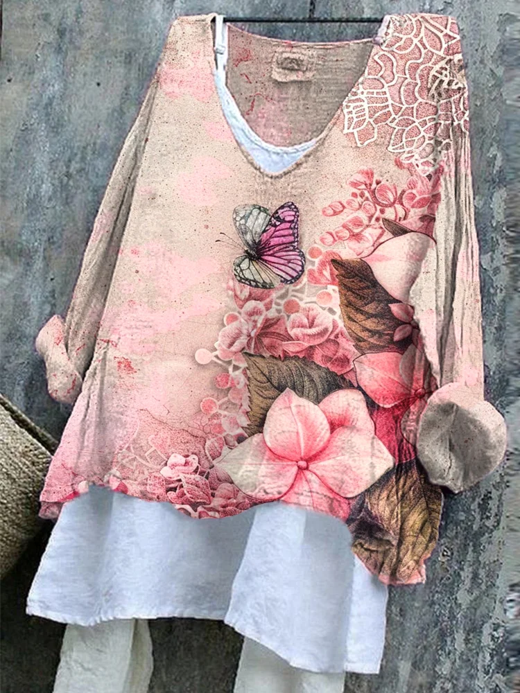 Vintage Floral Print Linen Blend V-Neck Shirt