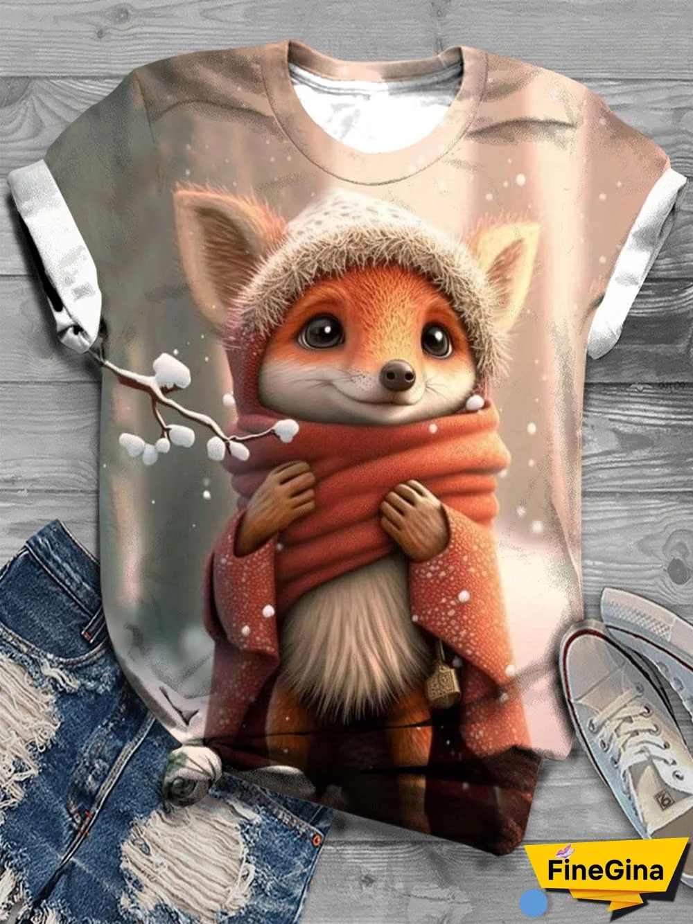 Winter Forest Fox Print Crew Neck T-Shirt