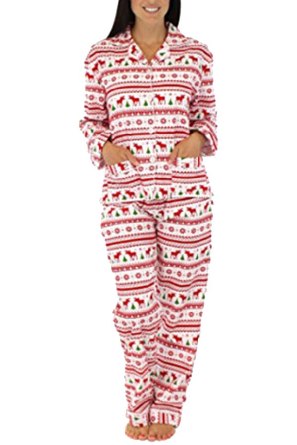Womens Snowflake Reindeer Printed Family Christmas Pajama Set Pink-elleschic