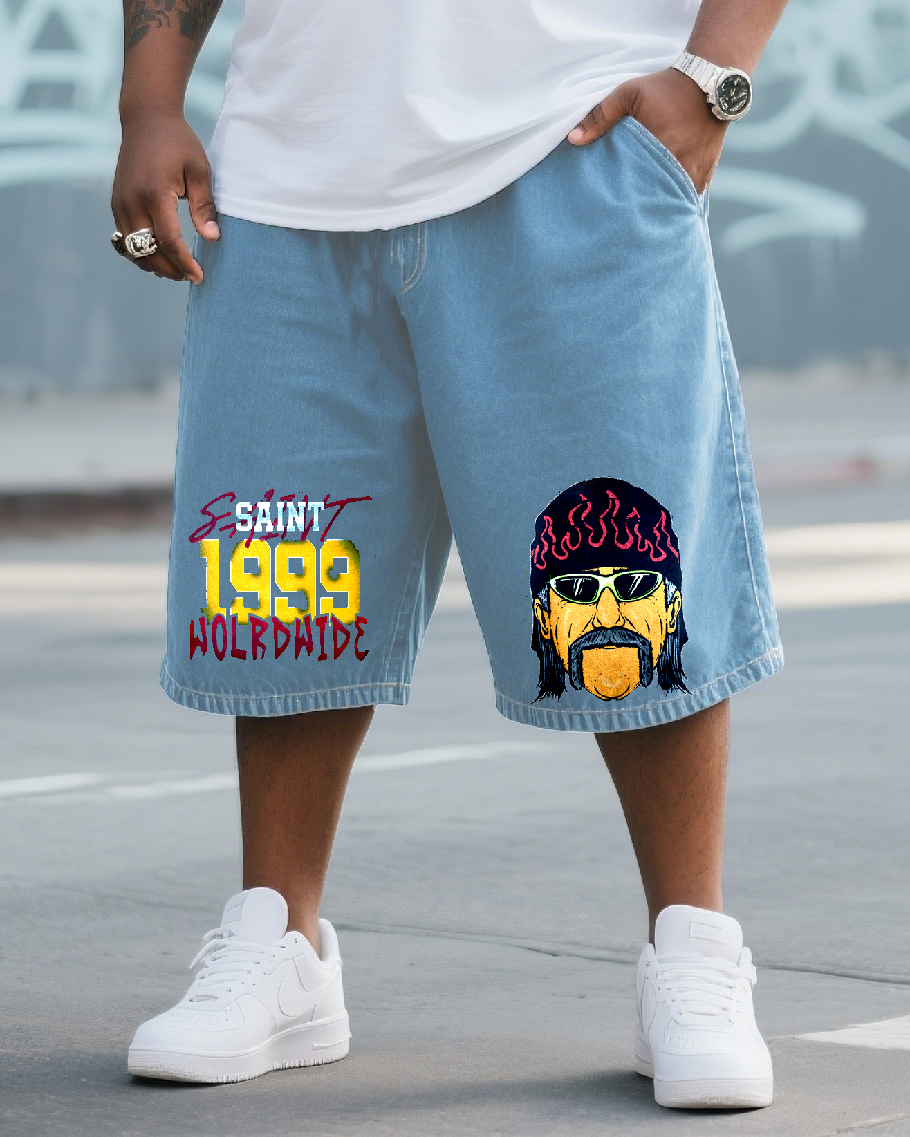 Big & Tall Men's Street Fashion Original Design Saint Cool Cartoon Head Hot Stamping Washing Water Denim Shorts