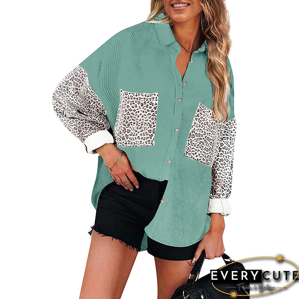 Green Contrast Leopard Corduroy Button Down Shirt