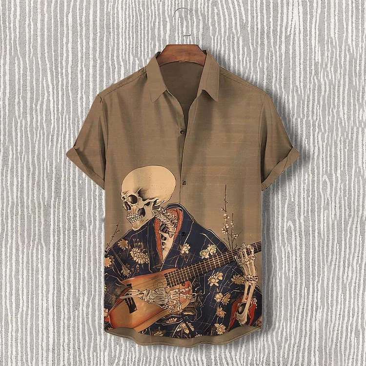 Men's Retro Japanese Art Painting Of Skull Playing Guitar Print Shirt