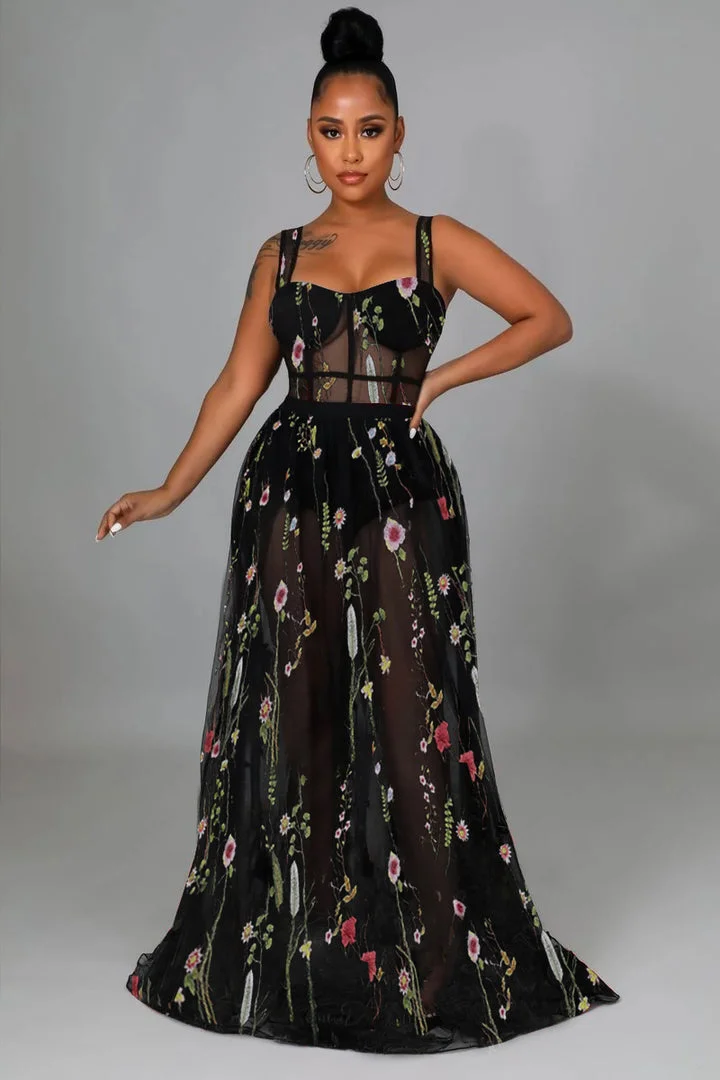 Embroidered Zari Dress Sheer Mesh Corset Maxi Dresses