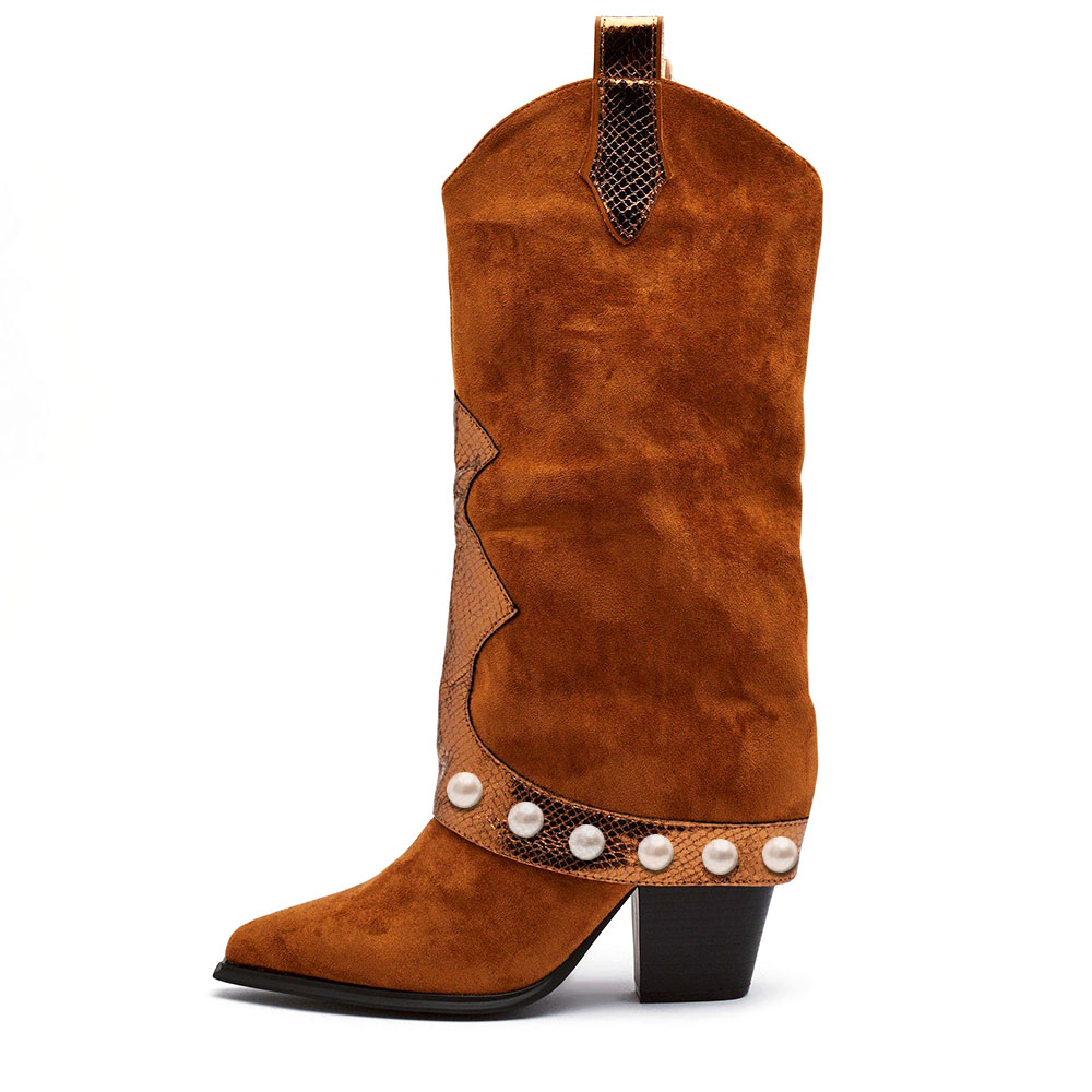 Brown Vegan Suede Splicing Mid-Calf Pearl Cowboy Boots for Women Nicepairs