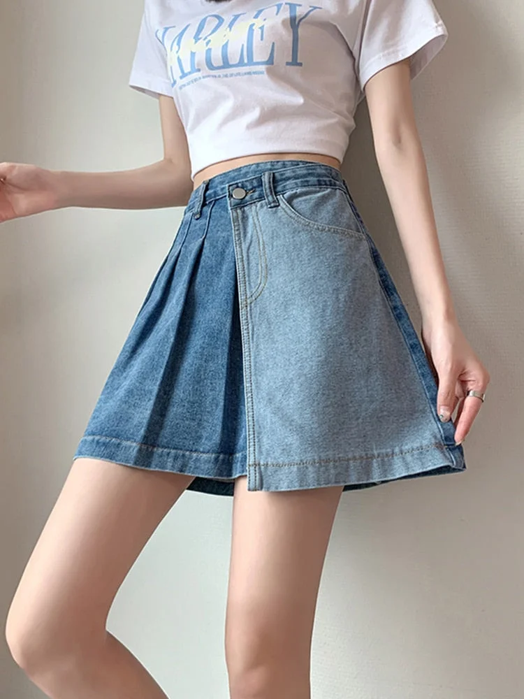 Nncharge Summer Casual Women Empire Slim Pleated Denim Shorts Vintage Lady High Street Wide Leg Denim Culottes