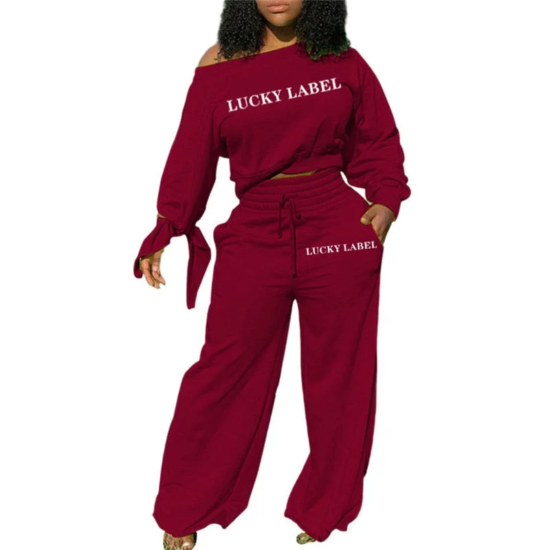 Lucky Label Piece Two Set Women Sweatsuits for Women Fall Clothes Tracksuit Bow Petal Sleeve Loose Pants Wholesale Dropshipping