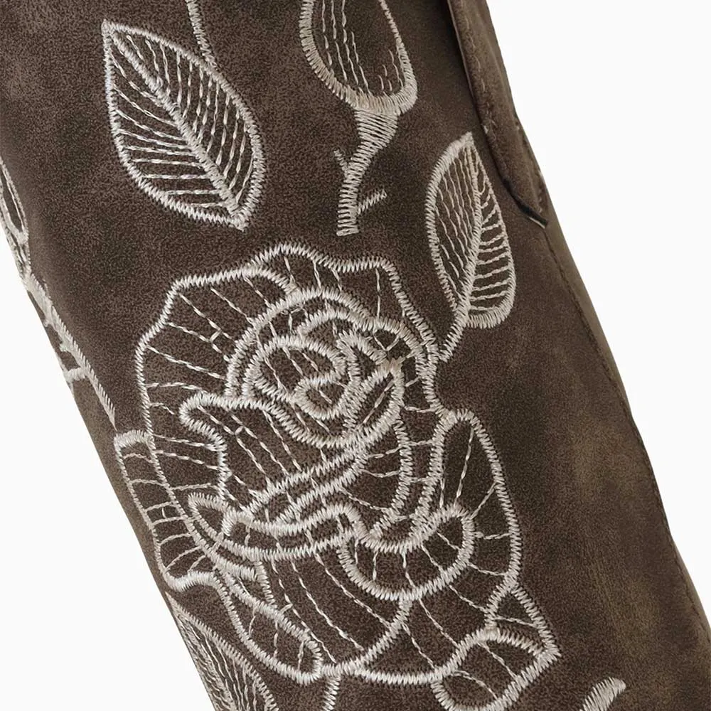 Taupe Block Heel Square Toe Mid Calf Floral Embroidered Cowgirl Boots