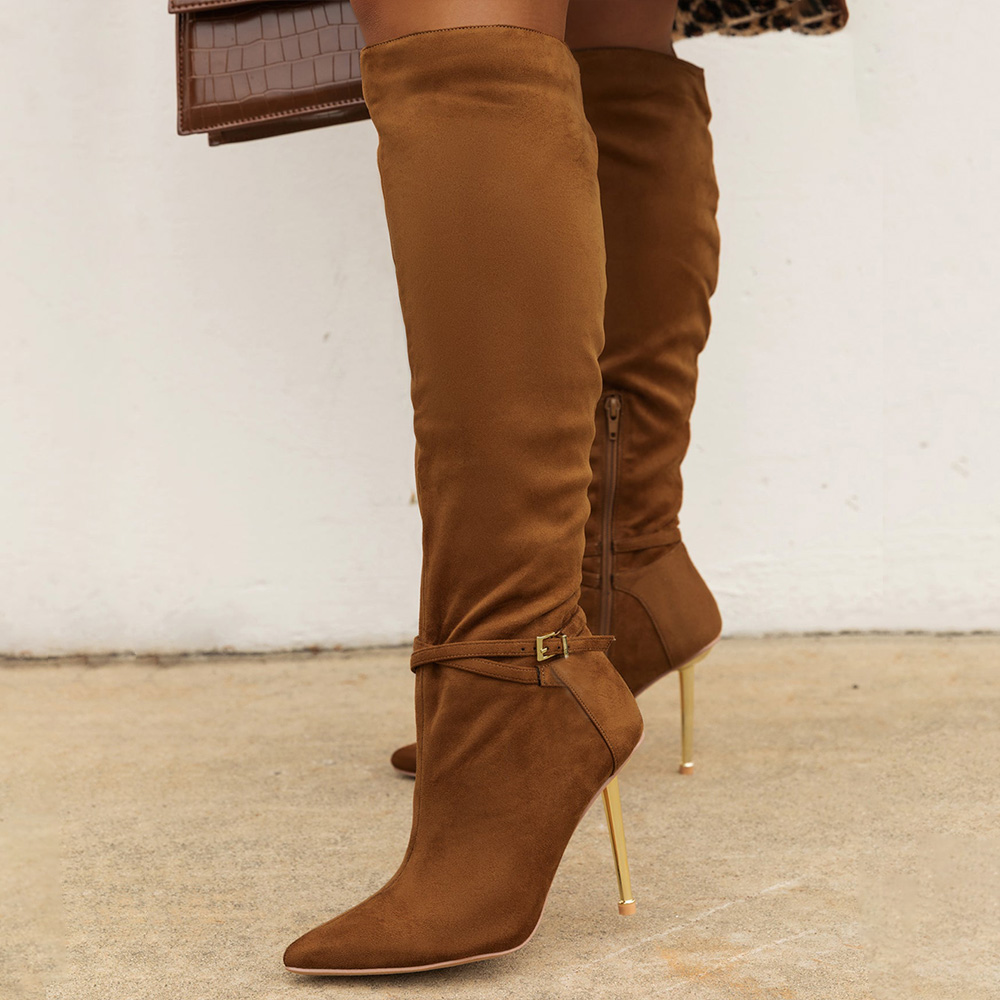Brown Vegan Suede Buckle Strap Golden Stiletto Heel Knee High Boots Nicepairs