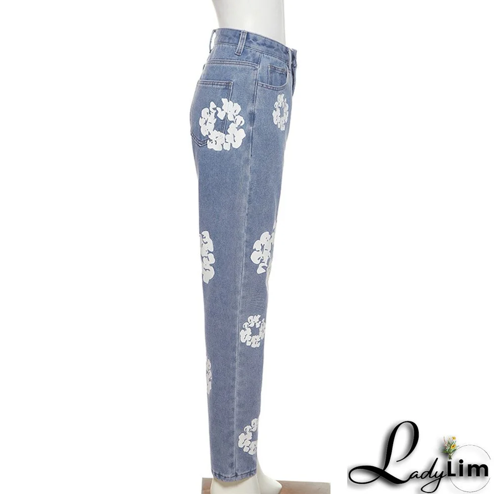 Women Daisy Print High Rise Denim Straight-Leg Pants