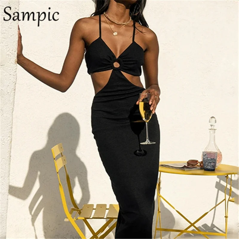 Sampic 2021 Fashion Summer Beah Bandage Cut Out Strap Party Women Midi Dress Club Casual Sexy Wrap Hollow Out Backless Dress