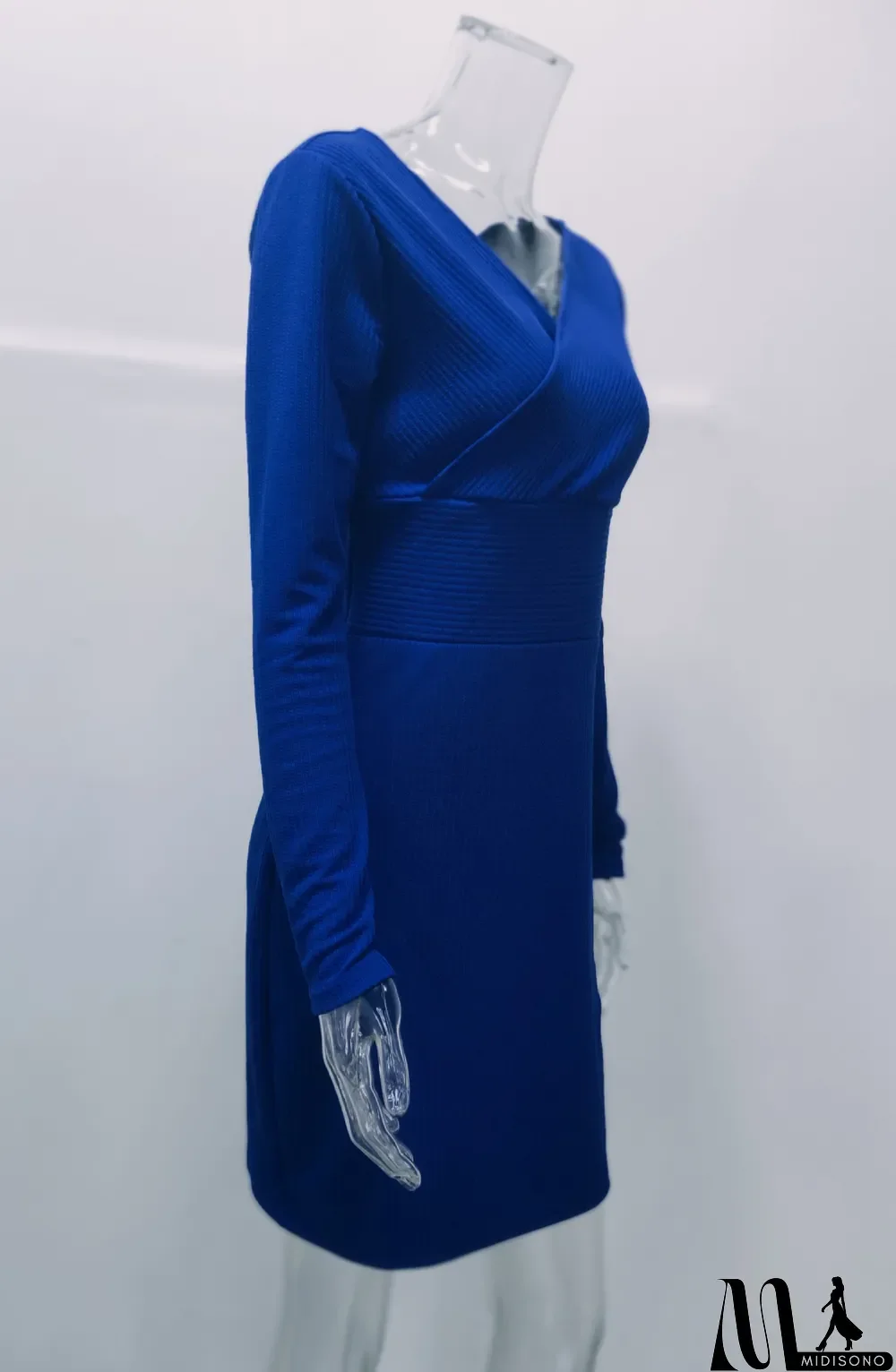 MidiSono - Winter Royal Knit V-Neck High Waist Wrap Midi Dress