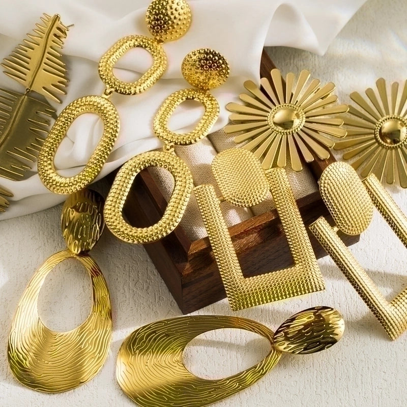 1 Pair Vintage Style Minimalist Artistic Square Oval Flower Irregular Stainless Steel Gold Plated Drop Earrings