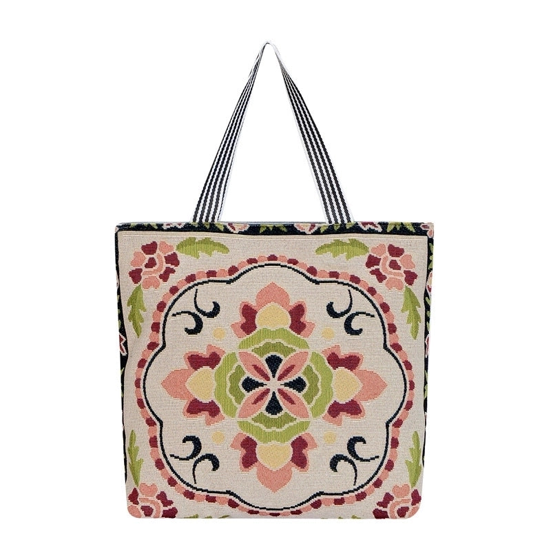 Women’s Medium Canvas Geometric Vacation Ethnic Style Zipper Canvas Bag