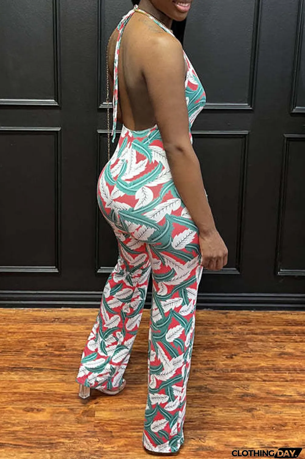 Green Sexy Print Split Joint Halter Regular Jumpsuits