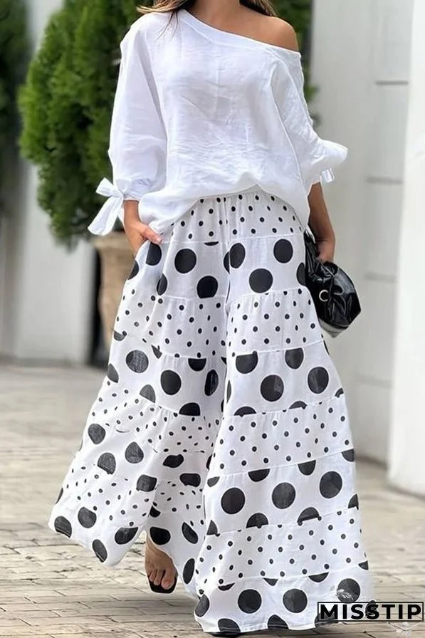 Stylish Tie-cuff Loose Top and Polka Dot Print Pocket Wide Leg Pants Set