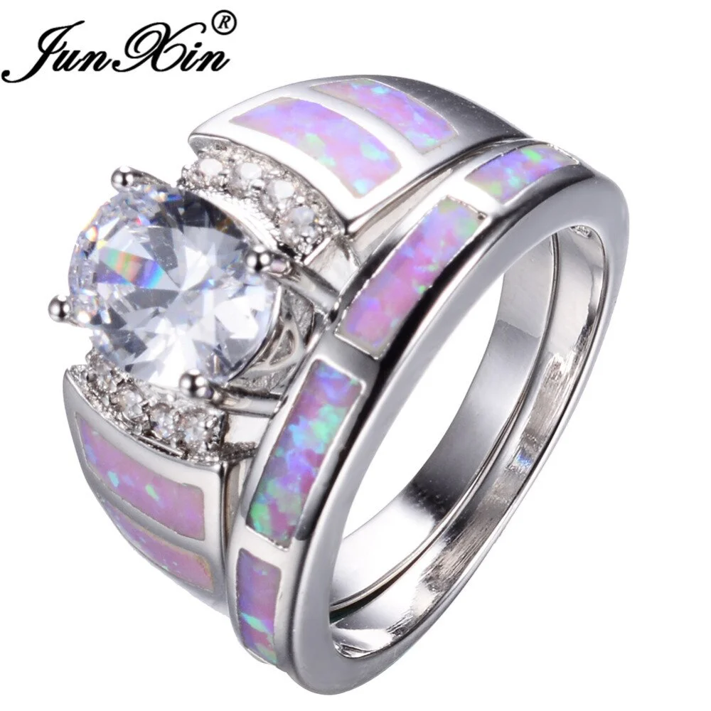 JUNXIN Fashion Pink Fire Opal Ring Sets For Couples White Gold Filled Wedding Party Oval Zircon Women Men Ring Valentine's Day