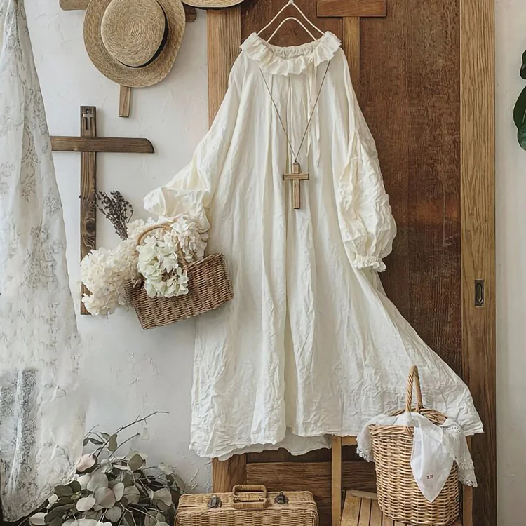 Vintage Ruffled Balloon Sleeve Cotton Linen Midi Dresses