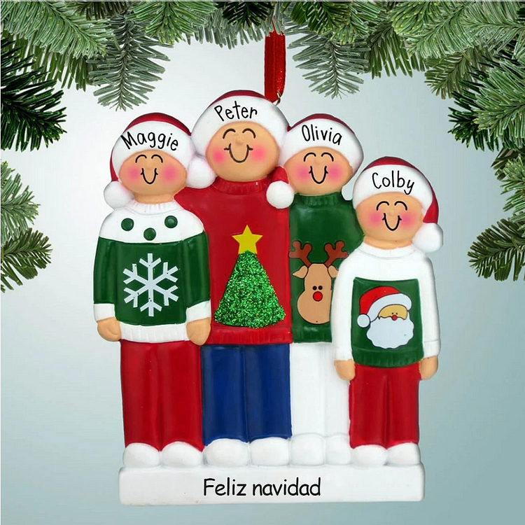 Navidad-Muñeco Ornamento Navideño Hermanos/Amigos 4 Nombres y Texto Personalizados Adorno de Madera