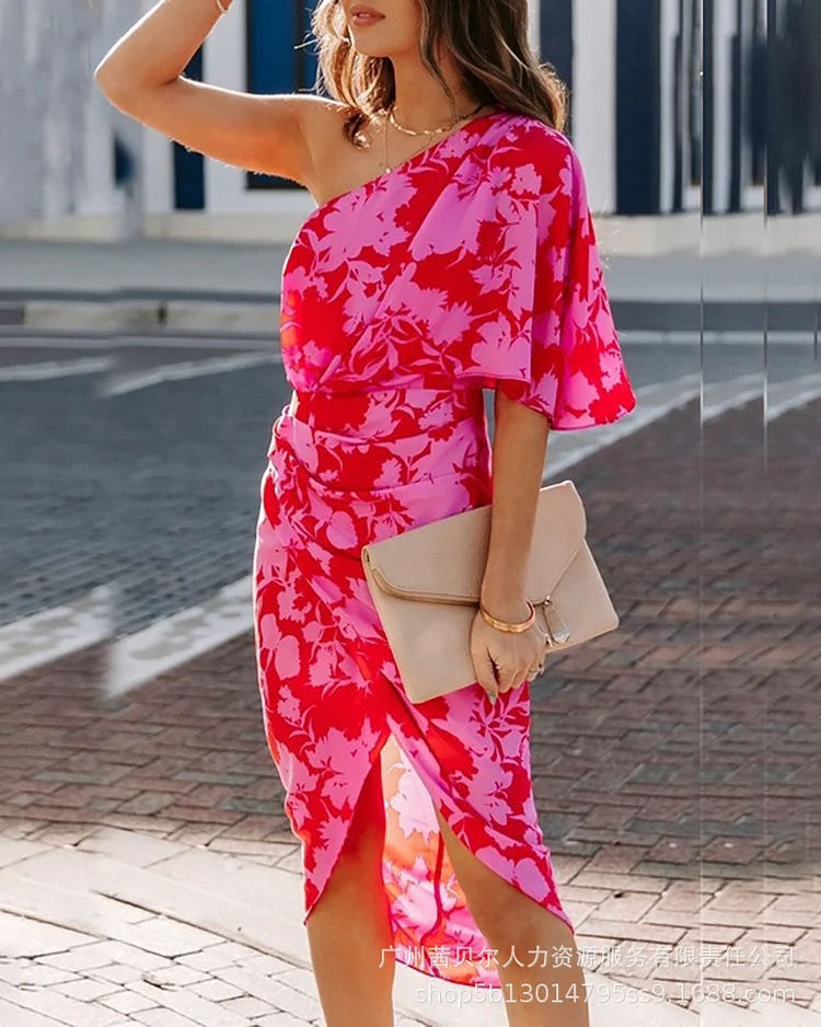 One Shoulder Fashion Solid Color Print High Waist Sexy Irregular Beach Midi Dress