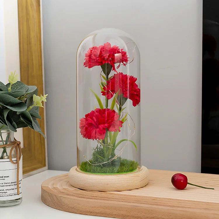 Wooden/Black Base Three Carnation Preserved Flowers