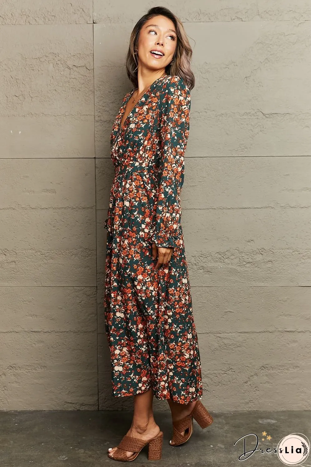 Printed Surplice Neck Long Sleeve Dress