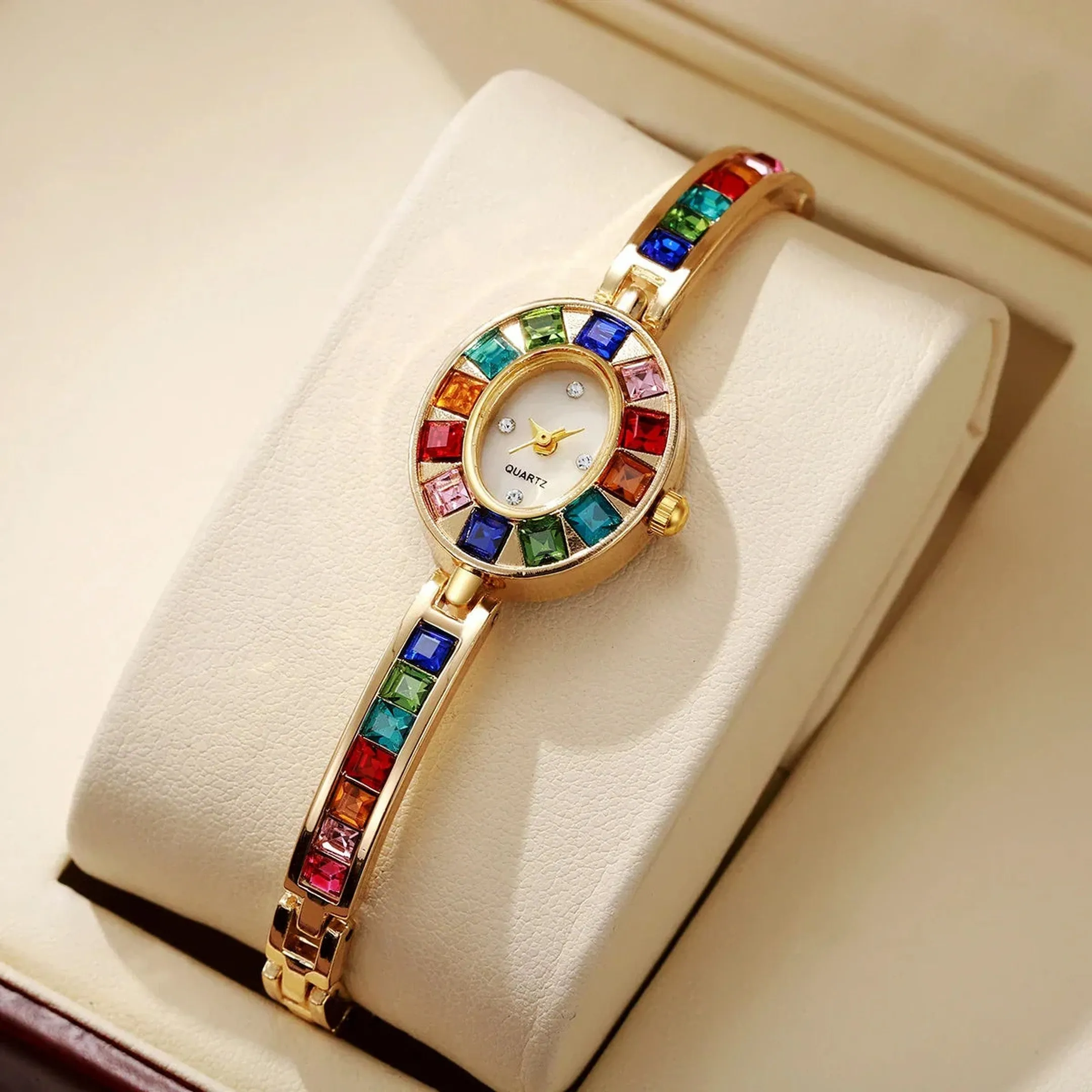 "Women's Gold-Tone Crystal Watch &ndash; Rainbow Gems, Slim Oval Dial"