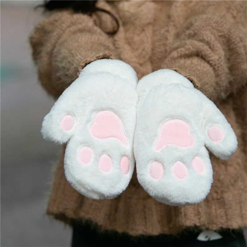Winter Warm Gloves Women Cat Paw Printing Gloves Mobile Phone Touchscreen Knitted Gloves Adult Soft Fluffy Gloves Men's Women