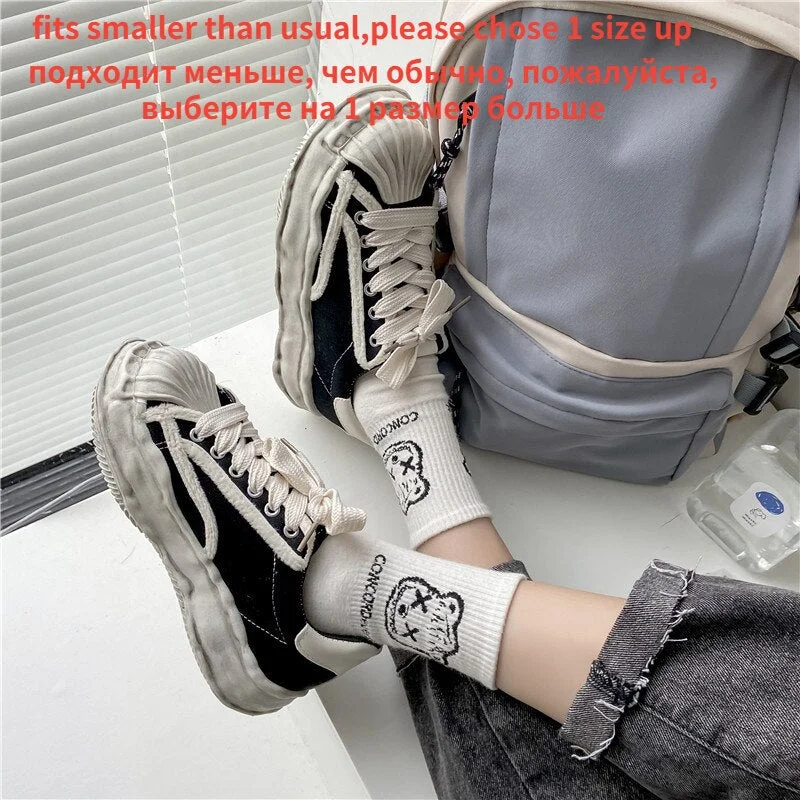 Vstacam Women's Canvas Sneakers Dirty Shoes New Student Canvas Thick Dissolving Heels White Shoes Lace Up Sports Shoes For Women