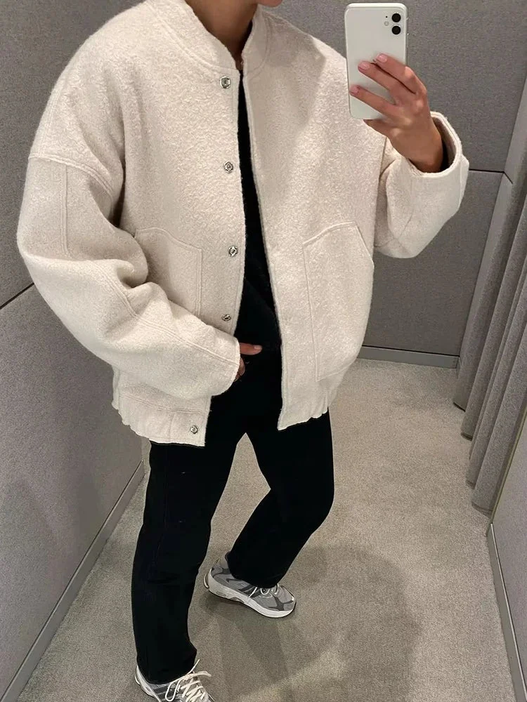 Tlbang New 2024 Women Fashion Oversized Bomber Jacket Coat Vintage Solid Long Sleeve Female Pockets Chic Loose Outerwear