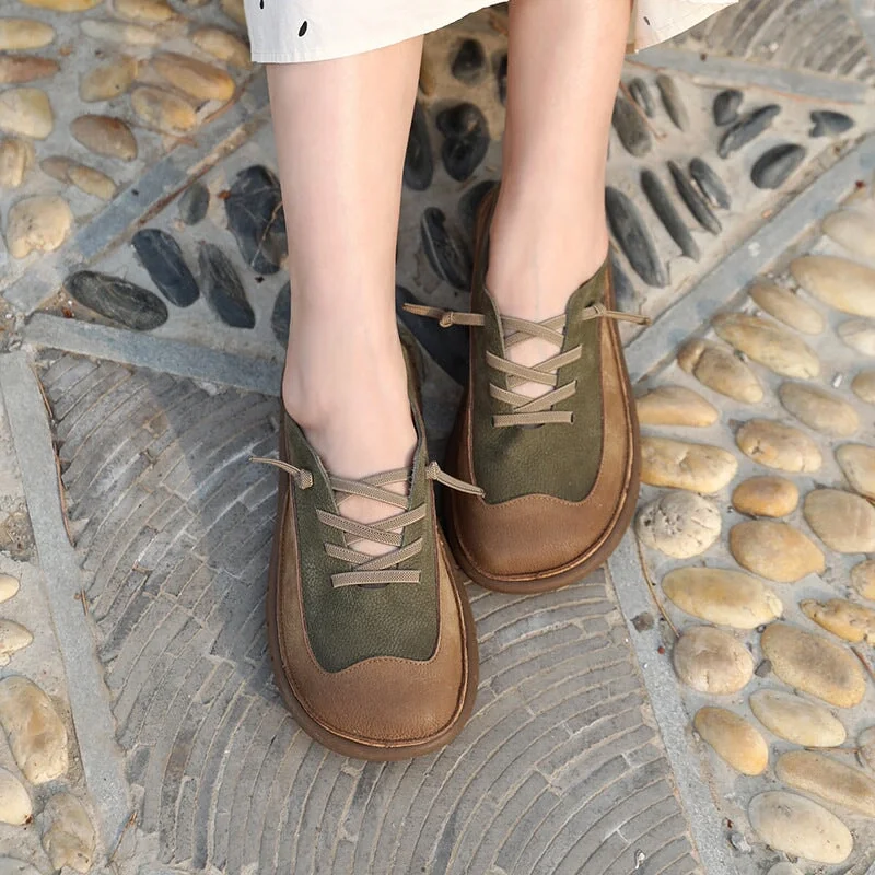 Genuine Leather Lace up Oxfords For Women Handmade Soft Flats in Green/Coffee