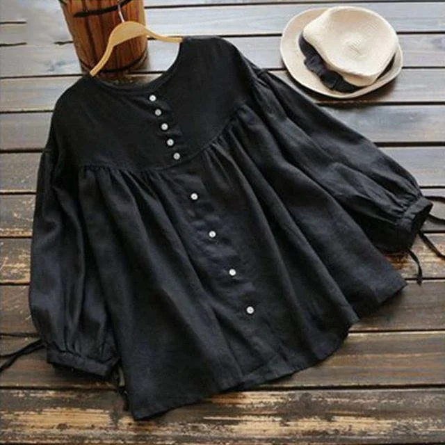 Retro Lantern Sleeve Top Women Button Cotton Linen Cuffs Tie Top Ruffle Blouse