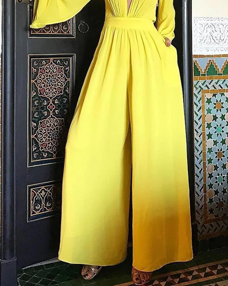 V-Neck Long Sleeve Solid Color Jumpsuit