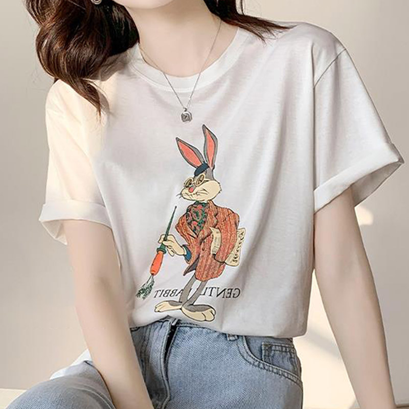 Cartoon Letter Print Round Collar Loose T-Shirt