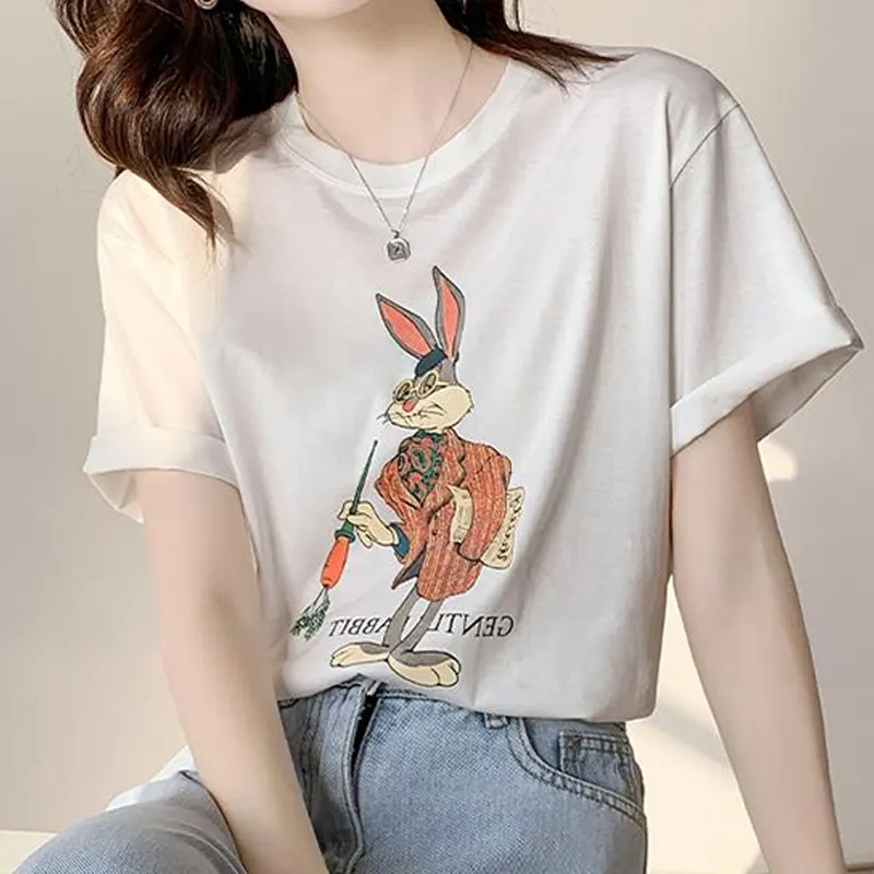 Cartoon Letter Print Round Collar Loose T-Shirt