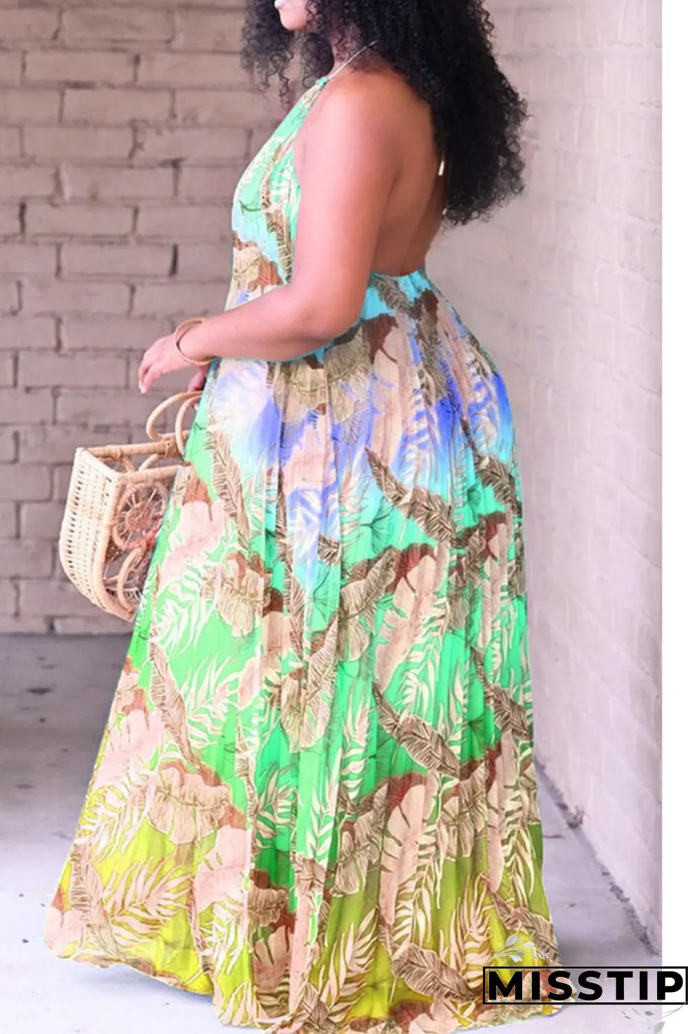 Light Blue Sexy Print Patchwork Frenulum Halter Pleated Plus Size Dresses