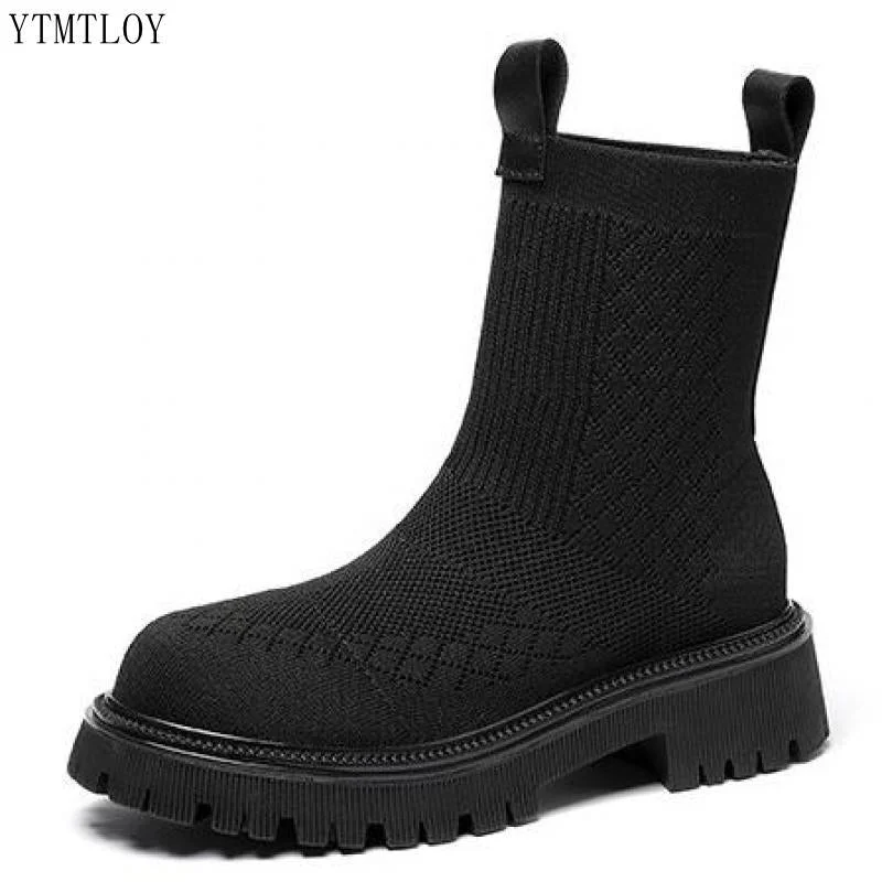 2022 Women Black Sock Female Elastic Mesh Plush Warm Platform Vintage Leisure Comfort Shoes Size 35-40 Ytmtloy Chelsea Boots