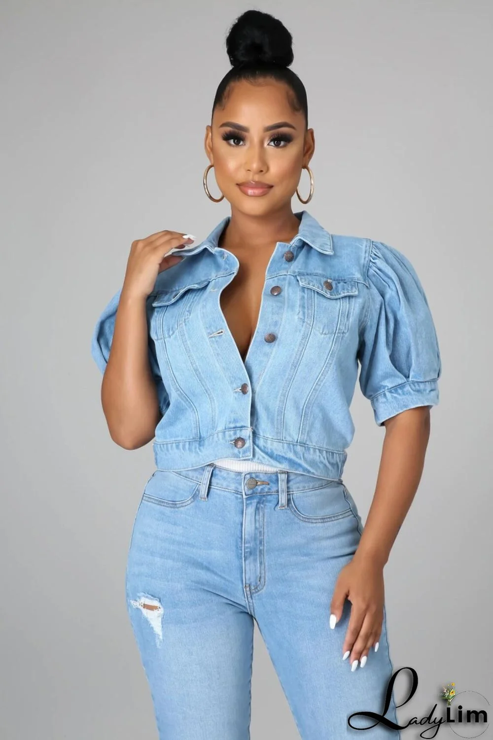 Fashion Button Up Short Sleeve Half Puff Sleeve Women Denim Jacket