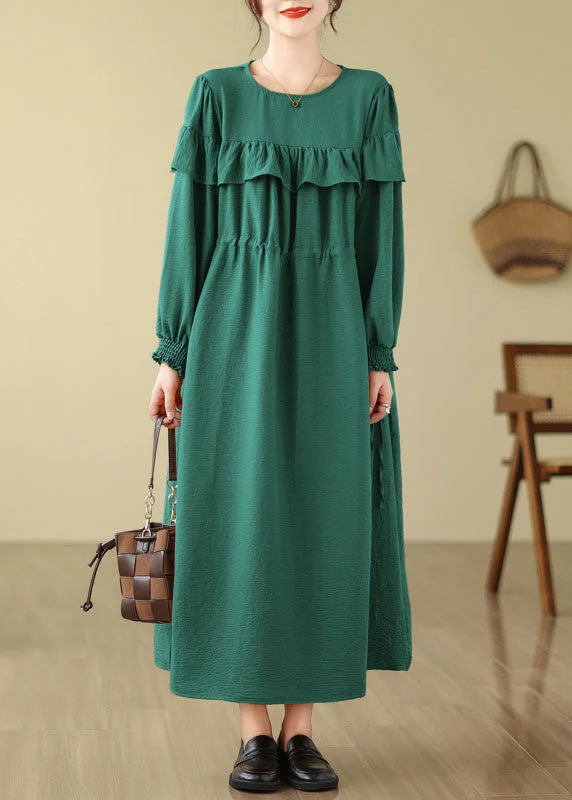 French Green O-Neck Ruffled Patchwork Drawstring Party Long Dress Fall
