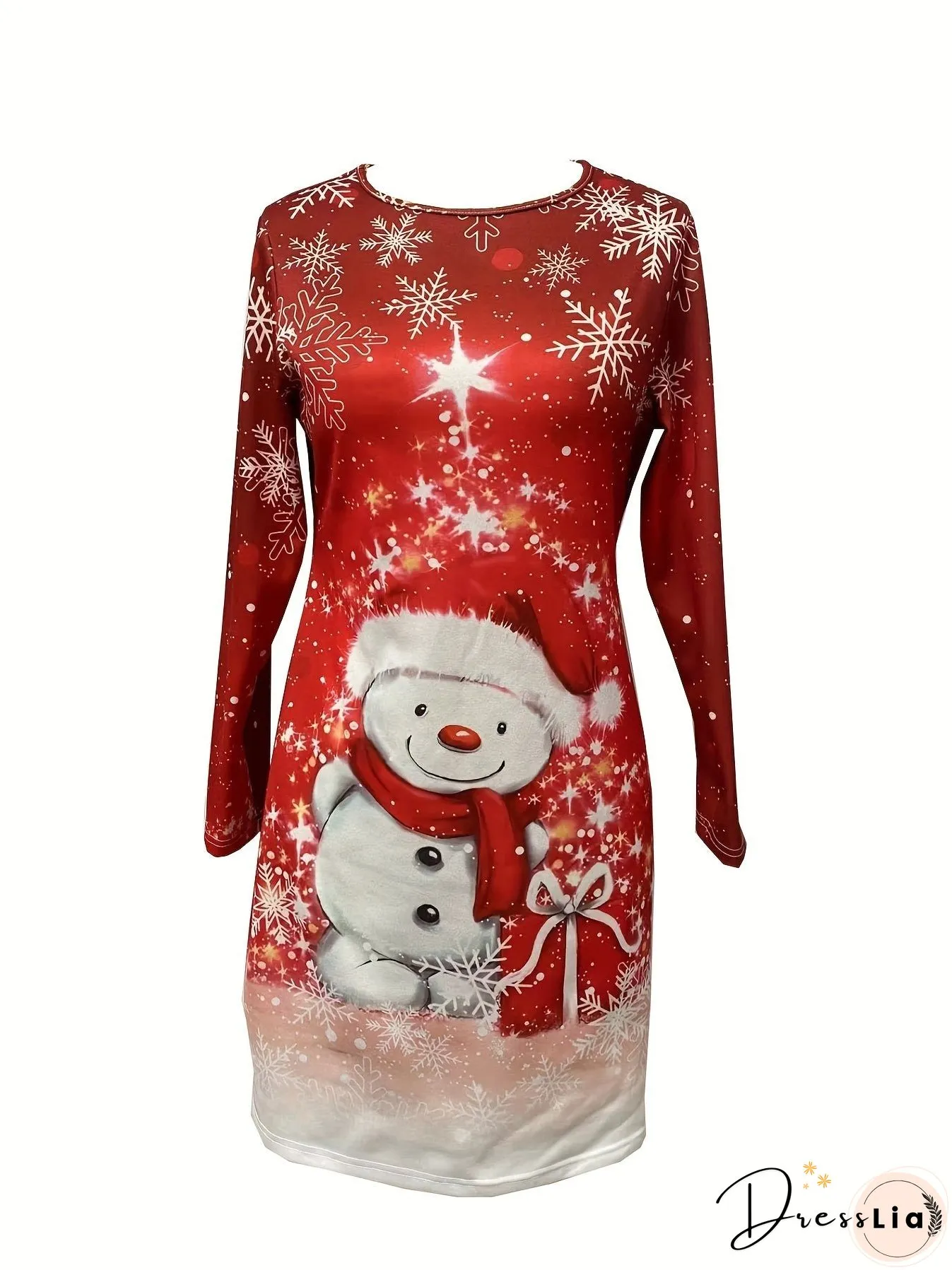 Snowman Print Long Sleeve Dress, Casual Crew Neck Dress For Spring & Fall, Women's Clothing