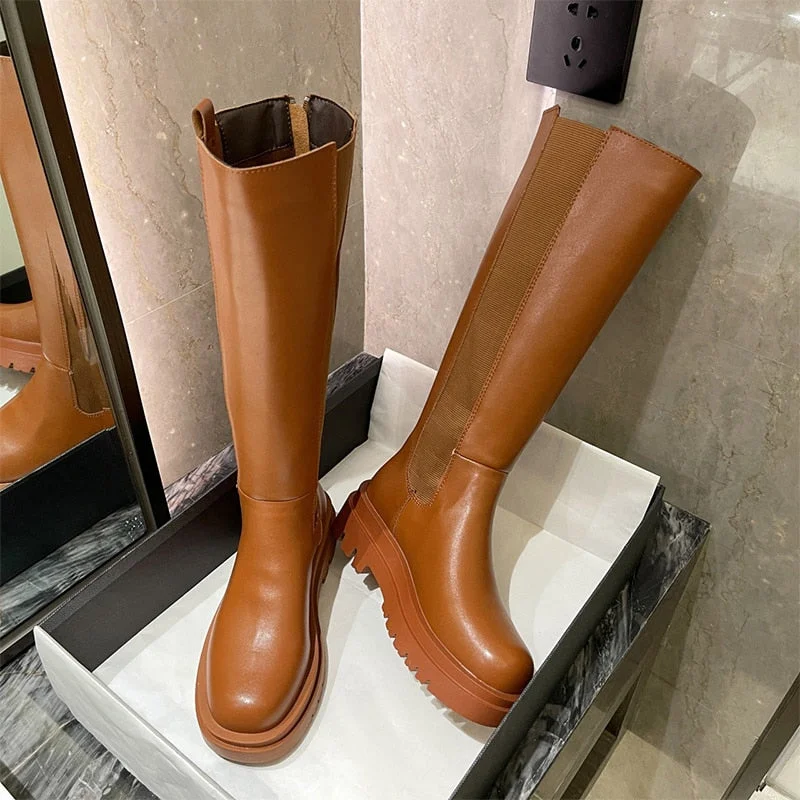 High Boots Women Zipper Leather Shoes 2021 Autumn Thick Bottom Platform Ladies Knee High Boots Elegant Fashion Female Footwear