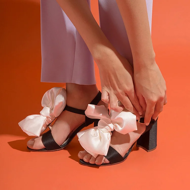 Black Satin Open Toe Block Heel Sandals Women's T-Strap Bow Shoes |FSJ Shoes