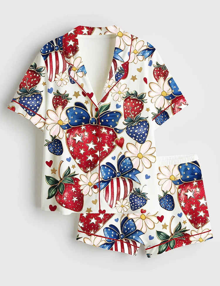 Women&rsquo;s Boho 4th Of July Preppy Strawberry Patriotic Bow Print Short Sleeve Satin Pajama Set