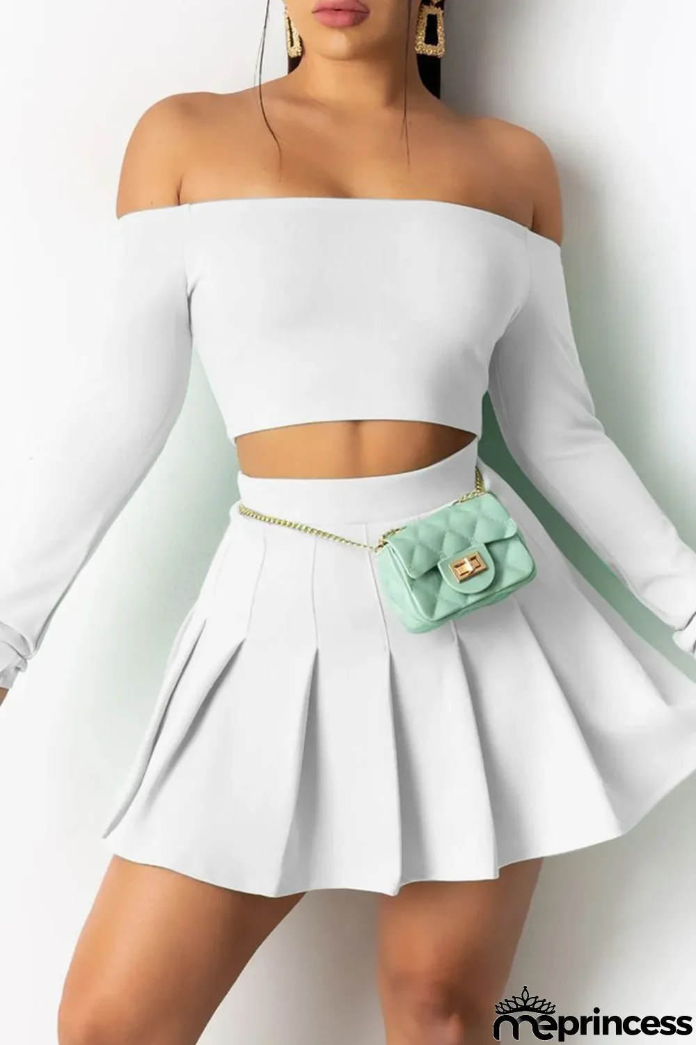 Cyan Sexy Casual Solid Backless Off the Shoulder Long Sleeve Two Pieces