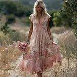 Boho Pink Floral Embroidered Lace Trim Flowy Linen Maxi Dress - Image 3