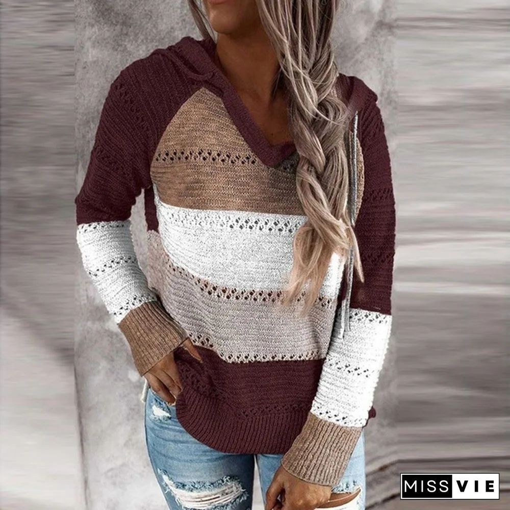 New Fashion Stitching V-neck Hooded Sweaters for Women Autumn Hollow-out Knitted Sweater Color Block Pullover Hoodies Coat
