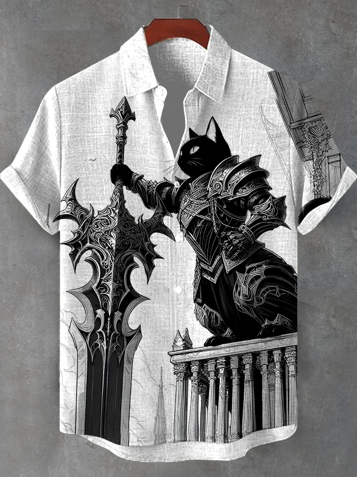 Men's Retro Cat Warrior Art Print Short Sleeve Shirt