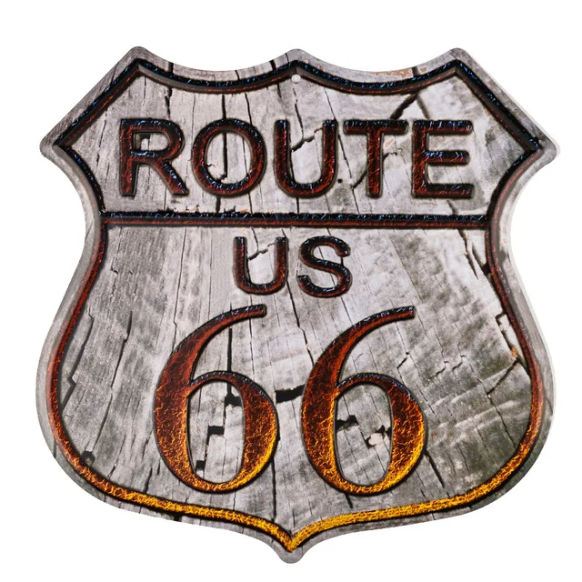 US route 66 - bouclier en forme de bouclier vintage panneaux en étain / panneaux en bois - 11.8x11.8in
