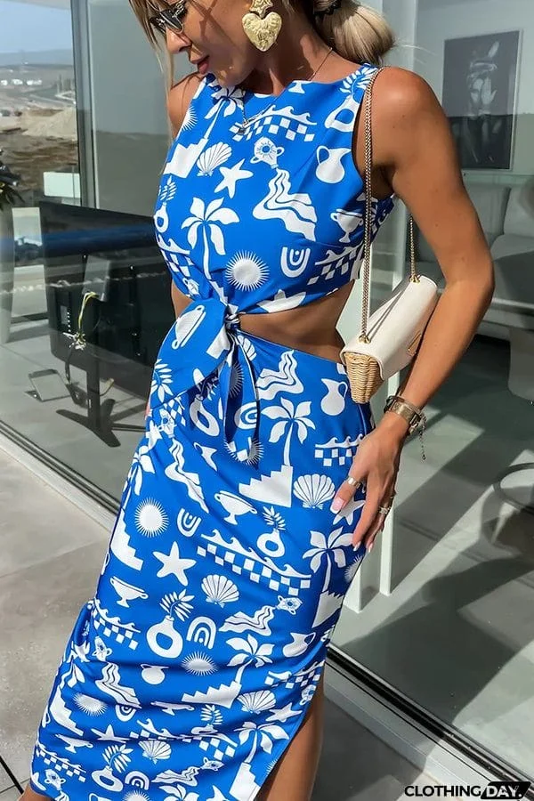 Ocean goddess Tie Front Cutout Waist Elastic Back Midi Dress