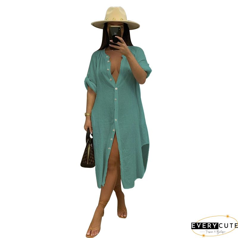 Plain Button Design Long Sleeve Dress