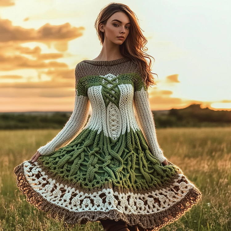VChics Women's Irish Celtic Knot Gradient Knit Sweater Dress